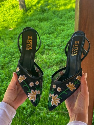 Erva'nın Butiği Siyah (Livia) Çiçek Nakış Detay Topuklu Kadın Stiletto