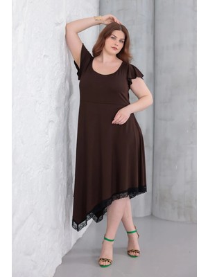 Madwilo Kadın Kahve Fırfır Kol Dantel Detay Asimetrik Büyük Beden Esnek Elbise