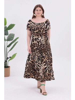 Madwilo Kadın Kahve Leopar Desen Kayık Yaka Kısa Kol Büyük Beden Esnek Maxi Elbise