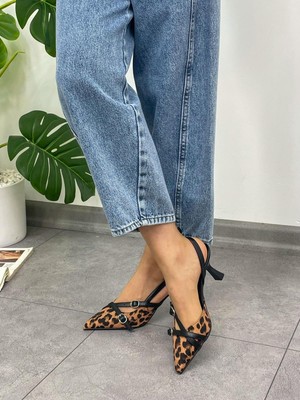 Erva'nın Butiği Leopar Saten (Wesley) Iki  Bantlı Toka Detay Kadın Stiletto