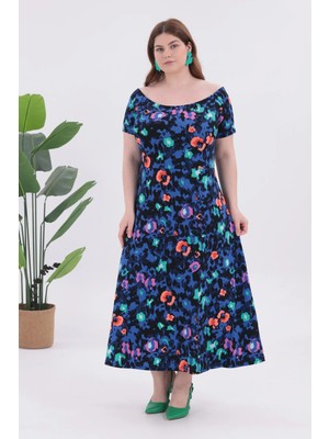 Madwilo Kadın Mavi Leopar Desen Kayık Yaka Kısa Kol Büyük Beden Esnek Maxi Elbise