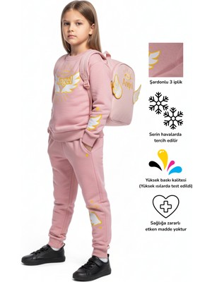 KarmeNova Angel Kanat Baskılı Kız Çocuk Eşofman Takım ve Okul Sırt Çantası Seti | 4-9 Yaş