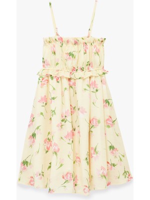 Koton Fırfırlı Çiçek Desenli Viskon Askılı Midi Şifon Elbise