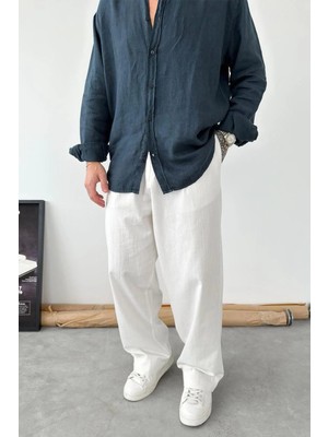 HAFKA Beyaz Premium Baggy Keten Pantolon