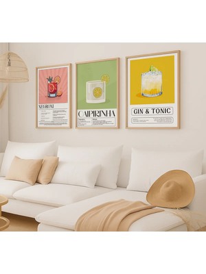 Voba Store 3 Parça Kokteyl Temalı Çerçeve Görünümlü Mdf Tablo Seti 96-1 Bej