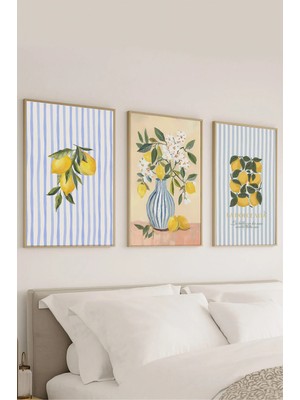 Voba Store 3 Parça Limon Temalı Modern Çerçeve Görünümlü Mdf Tablo Seti -66