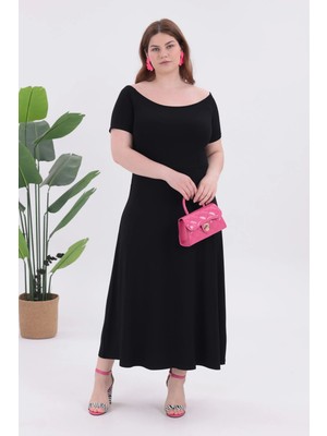 Madwilo Kadın Siyah Kayık Yaka Kısa Kol Büyük Beden Esnek Maxi Elbise