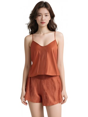 Pileli Store Tarçın Saten Babydoll Şort Takımı Zarif Kadın Gece Giyim