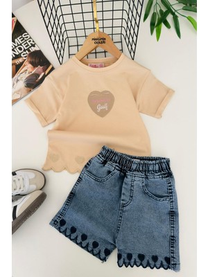 Miniğimin Cicileri Kalp Işleme Detaylı Kot Şortlu Kız Çocuk 2 Li Takım - Krem