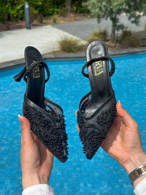 Erva'nın Butiği Siyah İnci (Varia) Dantel Detay Kadın Stiletto
