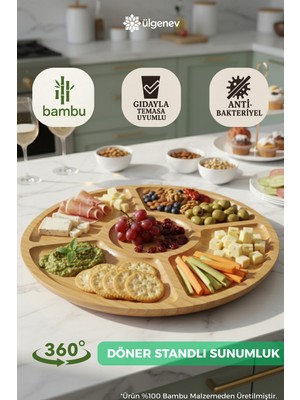 PremiumPort Dönerli 360° Bambu Sunum Tabağı, 5 Bölmeli, Şık ve Fonksiyonel