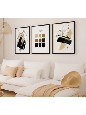 Voba Store Üçlü Modern Siyah ve Bej Renkli Çerçeve Görünümüne Sahip Dekoratif Mdf Tablo SETİ-140
