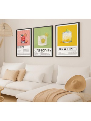 Voba Store 3 Parça Kokteyl Temalı Çerçeve Görünümlü Mdf Tablo Seti -96 Siyah