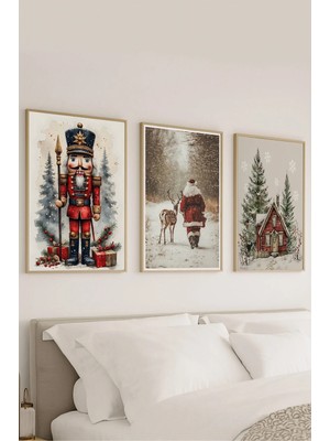 Voba Store 3 Parça Yılbaşı Temalı Noelbaba Baskılı Çerçeve Görünümlü Mdf Tablo Seti -130