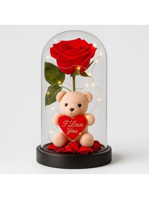 Pileli Store LED Işıklı Mika Fanus Içinde Gül ve Lüx Peluş Ayıcık – 20 cm Sevgiliye Hediye