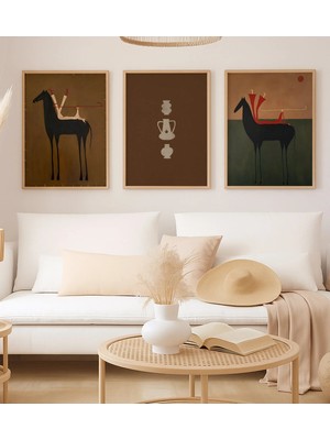 Voba Store 3 Parça At Temalı Çerçeve Görünümlü Dekoratif Mdf Tablo Seti -141