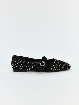 LC Waikiki Siyah Kare Burunlu Bantlı Taş Işlemeli Kadın Babet
