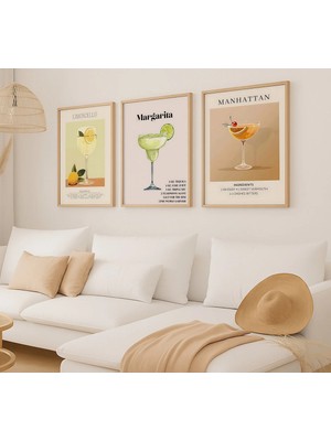 Voba Store 3 Parça Kokteyl Baskılı Çerçeve Görünümlü Mdf Tablo Seti 93-1 Bej