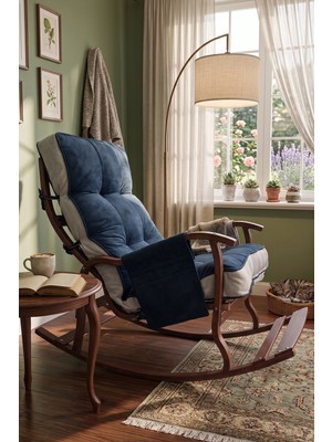 Reyo Venedik Sallanan Sandalye, Tv Koltuğu, Baba Koltuğu, Kitap Okuma Koltuğu Ceviz Ahşap, Petrol Mavisi Krem