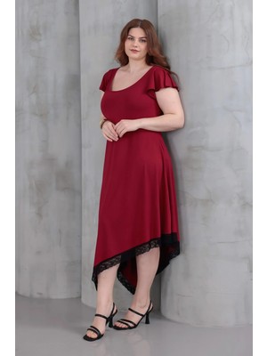 Madwilo Kadın Bordo Fırfır Kol Dantel Detay Asimetrik Büyük Beden Esnek Elbise
