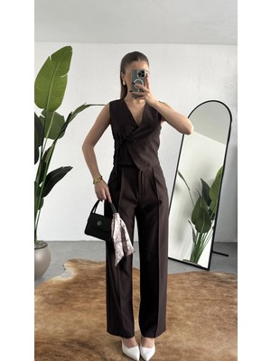 Asfa Moda Kadın Kahverengi Asimetrik Kesim Kruvaze Bağlamalı Yelek ,pileli Plazzo Pantolon Takım