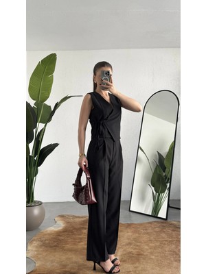 Asfa Moda Kadın Siyah Asimetrik Kesim Kruvaze Bağlamalı Yelek ,pileli Plazzo Pantolon Takım