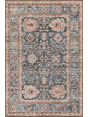 Halımax Atelier 505 Dusty Blue Eskitme Vintage Halı Desen Otantik Yıkanabilir Klasik Salon Oturma Odası Halısı