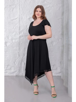 Madwilo Kadın Siyah Fırfır Kol Dantel Detay Asimetrik Büyük Beden Esnek Elbise