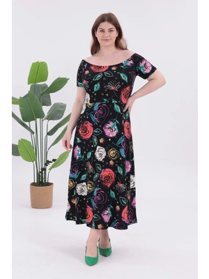 Madwilo Kadın Siyah Çiçek Desen Kayık Yaka Kısa Kol Büyük Beden Esnek Maxi Elbise