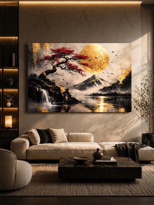 Artease Dekoratif Altın Ay Bonsai Ağacı Manzara Kanvas Tablo