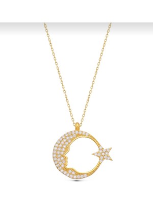 Modahilye Gümüş Atatürk Silueti Ay Yıldız Kadın Kolye | 925 Ayar Gümüş| Altın Kaplama Sarı