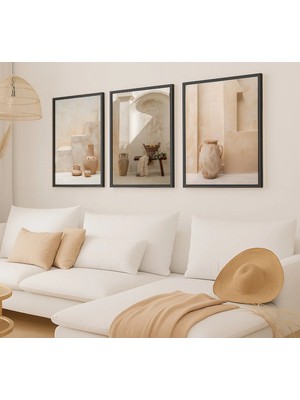 Voba Store 3 Parça Çerçeve Görünümlü Vazo Temalı Mdf Tablo Seti -091 Bej-