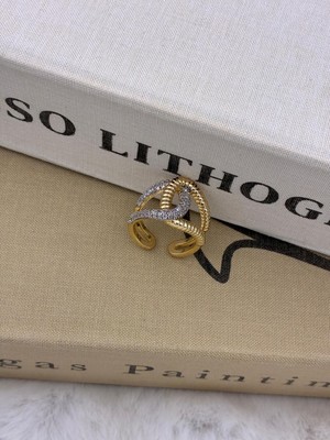 Hedef Bijuteri Gold Renk Detaylı Iç Içe Geçmeli Özel Seri Ayarlanabilir Pirinç Yüzük T4