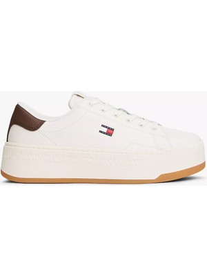 Tommy Hilfiger Kadın Platform Tabanlı Düşük Bilekli Logo Detaylı Deri Beyaz-Kahverengi Sneaker EN0EN02961-0HH