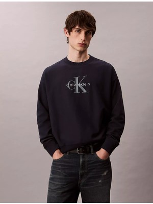 Calvin Klein Erkek %100 Pamuklu Ck Logolu Yuvarlak Yakalı Uzun Kollu Lacivert/bej Sweatshirt LV04RD242G-LAC/BEJ