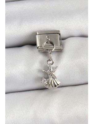 Youday Accessories 316L Çelik Sallantılı Zirkon Taşlı Deniz Yıldızı ve Istiridye Model Gümüş Renk Charm