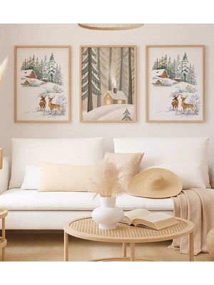 Voba Store 3 Parça Çerçeve Görünümlü Yılbaşı Karlı Ev Temalı Mdf Tablo -122