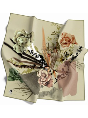Violla Twill Çiçek Desenli Haki Renkli 90X90 Eşarp (Ipek Içermez) Dikim Şekli : El Dikişi