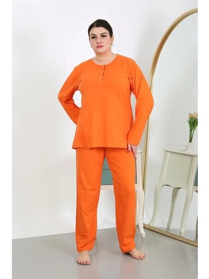Moda Kadın Büyük Beden Uzun Kol Penye Pijama Takımı Turuncu Beruflic