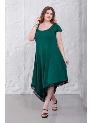 Madwilo Kadın Yeşil Fırfır Kol Dantel Detay Asimetrik Büyük Beden Esnek Elbise