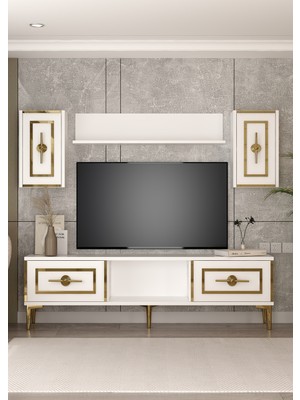 Demonte Decor 1409TV150DD-32 Tv Ünitesi Takımı, Sehpası Beyaz-Altın
