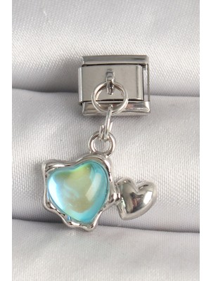Youday Accessories 316L Çelik Gümüş Renk Mavi Mineli Kalp Model Charm
