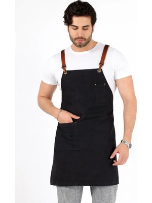 Bilenn Tekstil Barista Askılı Önlük Tek Cepli Deri Kemerli - Füme
