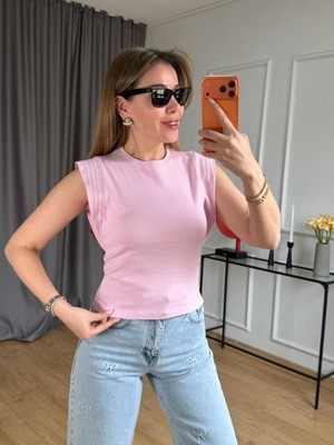 Size Özgü Pembe Omuz Şerit Taşlı Tshirt
