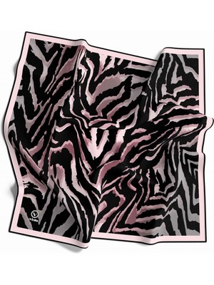 Violla Kristal Zebra Desenli Pudra - Gri Renkli 90X90 Eşarp (Ipek Içermez) Kenar Dikiş Şekli El Dikişli