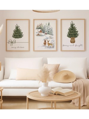 Voba Store 3 Parça Yılbaşı Çam Ağacı Konseptli Çerçeve Görünümlü Mdf Tablo Seti- 112