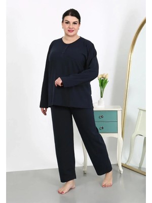 Moda Kadın Büyük Beden Uzun Kol Penye Pijama Takımı Lacivert Beruflic