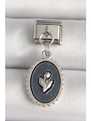 Youday Accessories 316L Çelik Gümüş Renk Çiçek Işlemeli Siyah Portre Model Charm