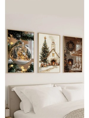 Voba Store 3 Parça Yılbaşı Kar Temalı Çerçeve Görünümlü Mdf Tablo Seti -128