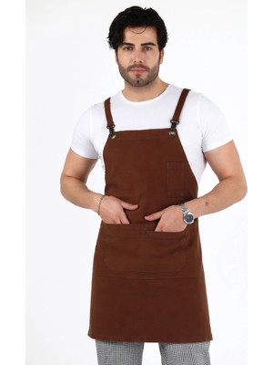 Bilenn Tekstil Barista Askılı Önlük Çift Cepli Deri Kemerli - Kahve